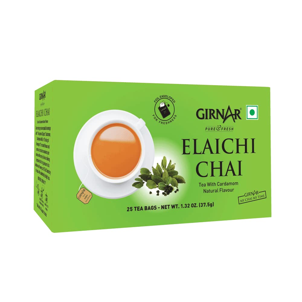 Premium Girnar Elaichi (Cardamom) Tea Bags - 25 Count | Aromatic Spiced Indian Herbal Tea for Relaxation & Digestion | Perfect for Morning Boost or Evening Relaxation