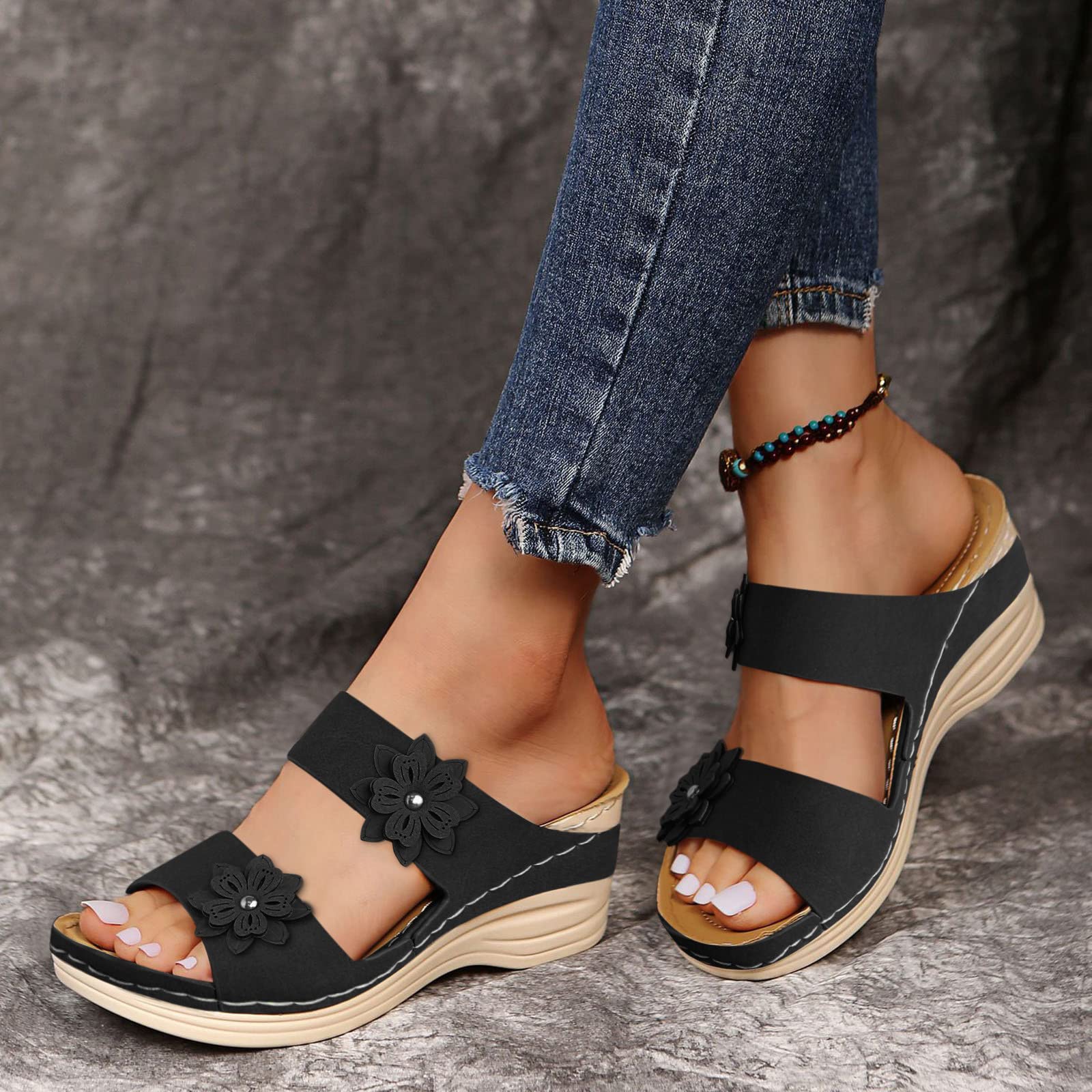 Women's Boho Wedge Sandals with Floral Design - Casual Roman Fish Mouth Slippers for Women - Comfortable Black Wedge Shoes for Beach, Vacation & Summer Outfits