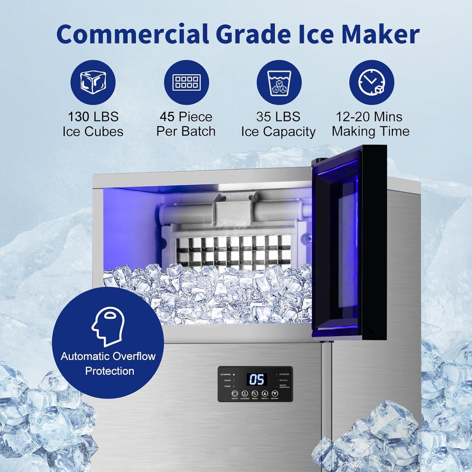TAZPI Commercial Ice Maker 130 LBS/24H - Upgraded 15