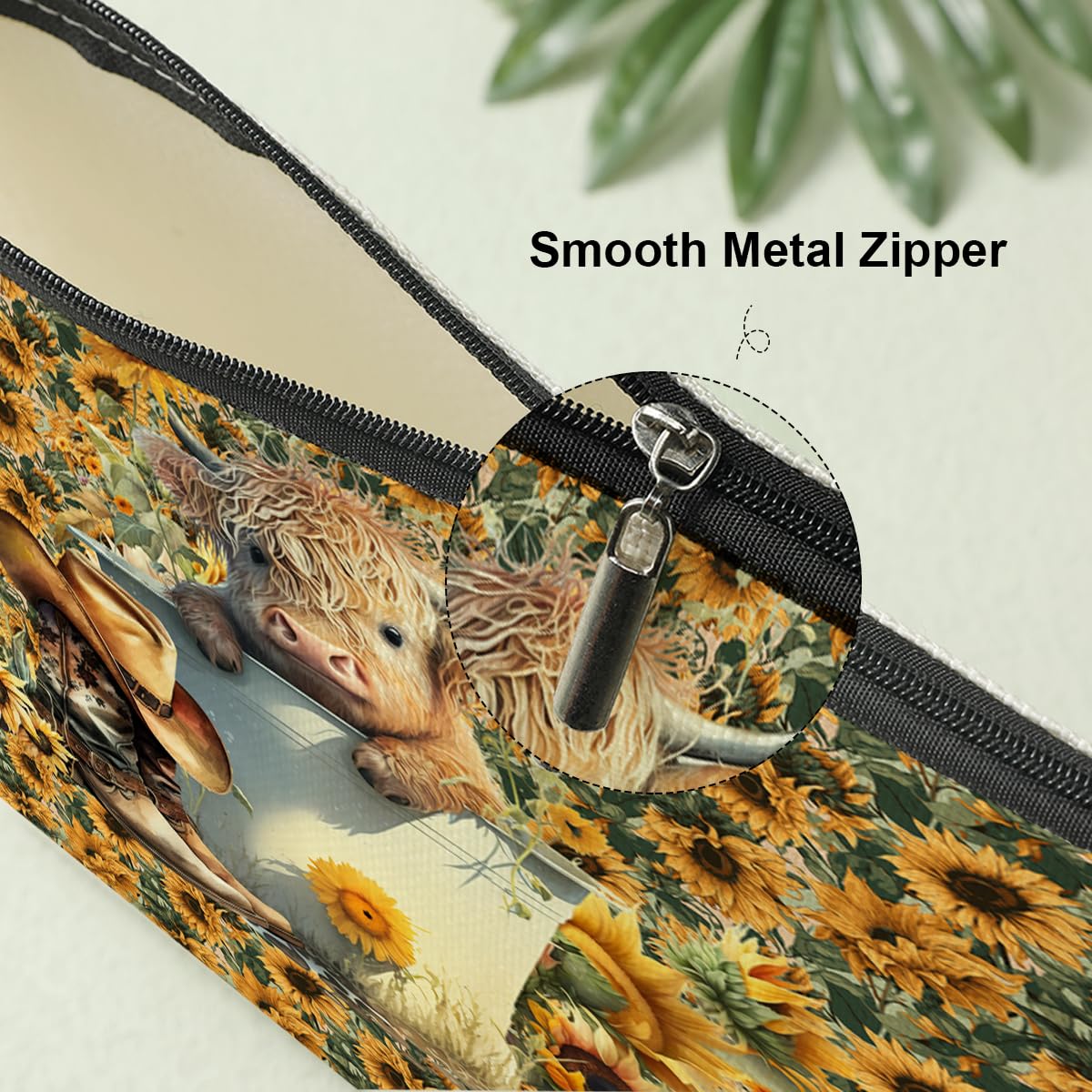 Western Sunflower Cow Makeup Bag - Cute Cow Print Cosmetic Pouch for Women & Girls - Perfect Gift for Cow Lovers (Mothers Day, Christmas, Birthday, Graduation) - Great for Travel, School & Daily Makeup Storage