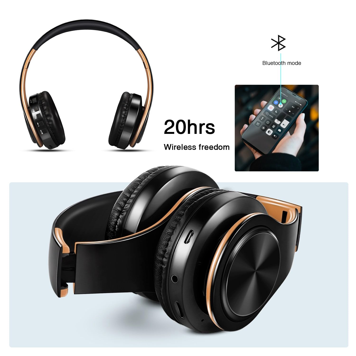 Premium Bluetooth Headset with Stereo Sound - Over-Ear PC Gaming Headphones with Mic, Soft Earmuffs & Foldable Design for Universal Connectivity (3.5mm Jack/SD/TF) - Ideal for Gaming, Online Meetings & Chat (Black Gold)