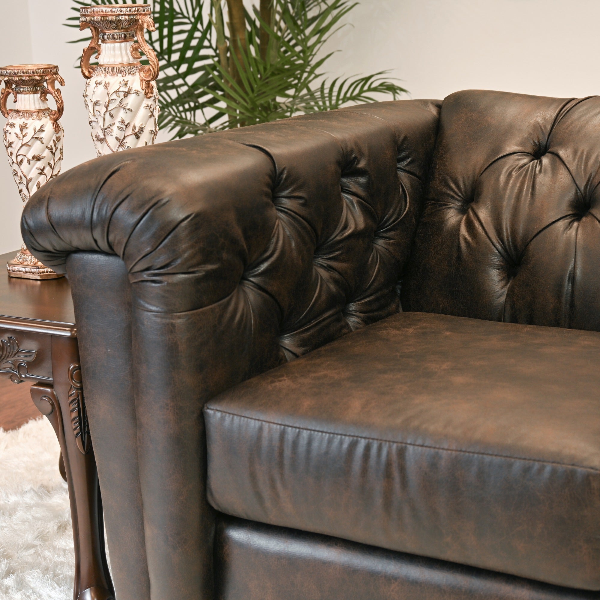 Horton Faux Leather Chesterfield Loveseat Sofa - Brown - Classic Tufted Small Couch for Living Room, Office & Lounge Areas