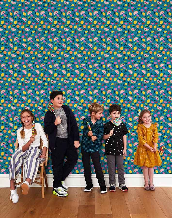 Island Fruits Teal Wallpaper by Tea Collection - Perfect for Nursery, Kids' Room & Tropical-Themed Decor