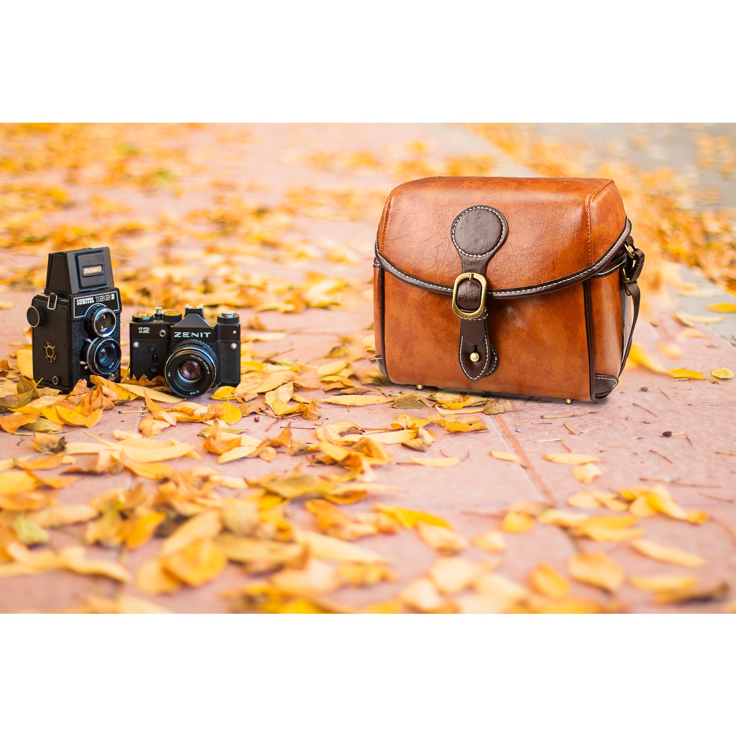 Premium Leather DSLR Camera Bag - Waterproof & Shockproof Case for Canon, Nikon, Sony, Pentax, Olympus, Panasonic - Removable Inserts & Adjustable Straps (Brown) - Perfect for Travel, Hiking & Professional Photography
