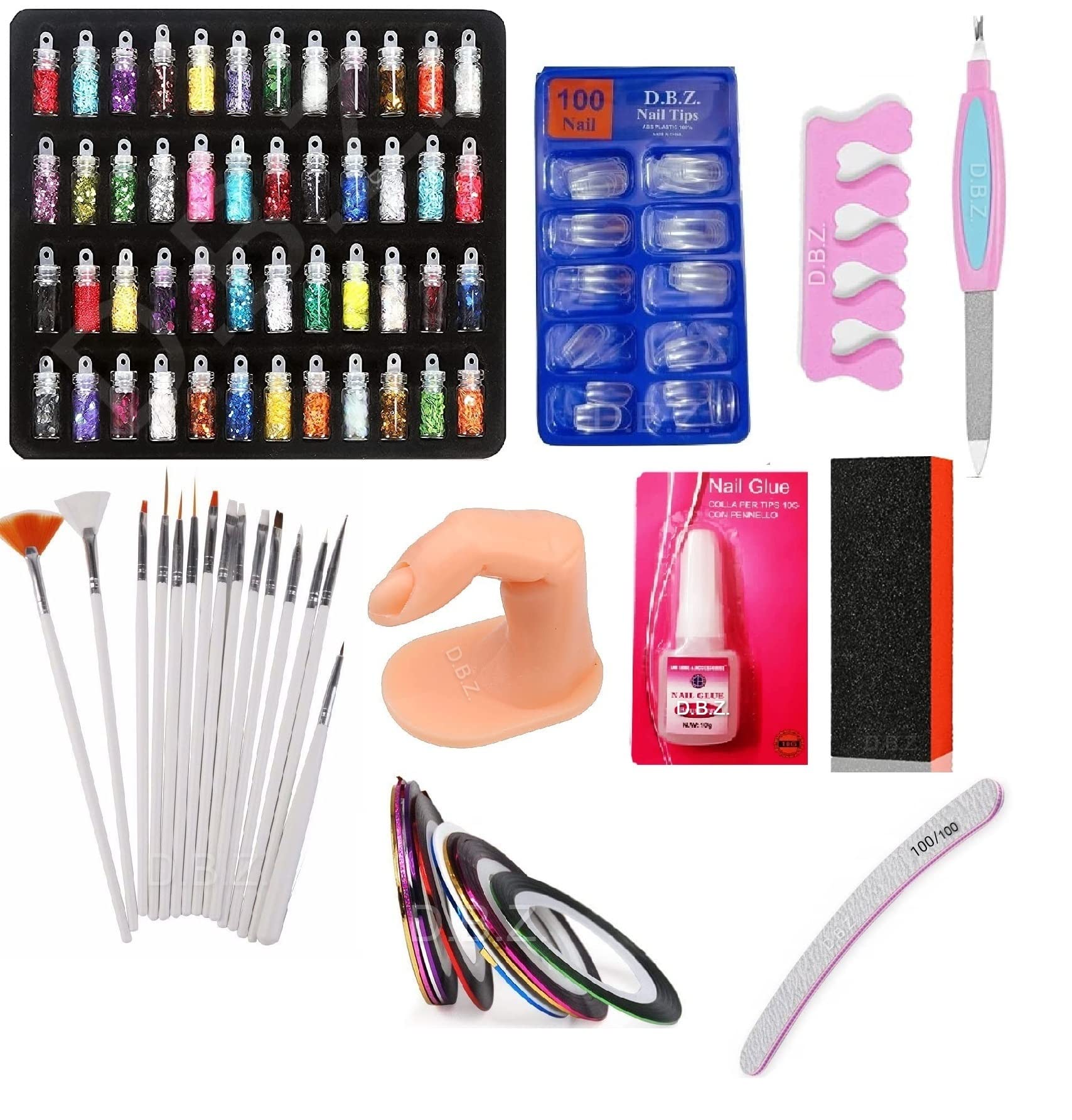 D.B.Z. Professional Nail Art Kit - 48 Glitter Bottles & 100 Clear False Nails for Salon & Home Manicure | DIY Nail Design, Party & Wedding Nail Decoration