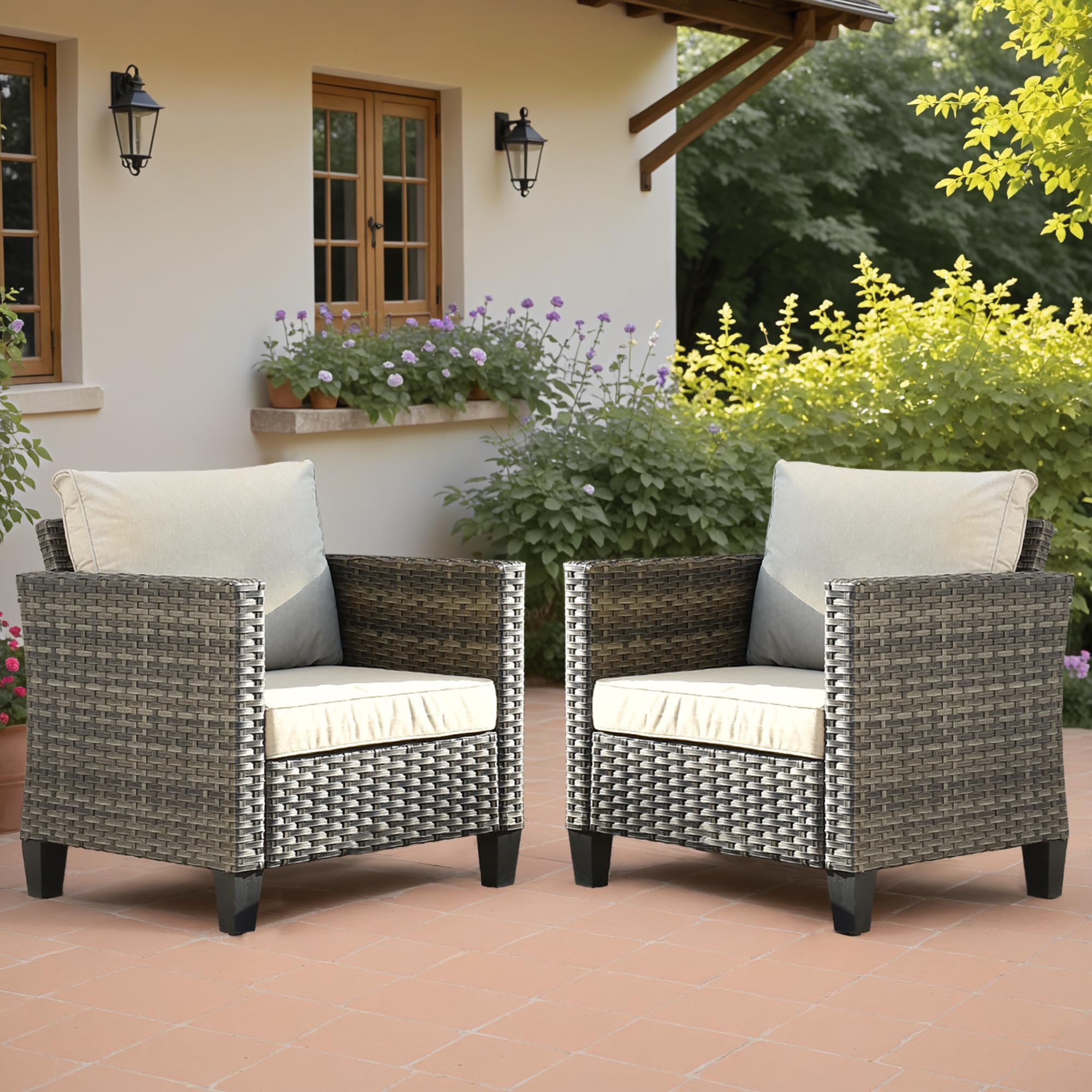 2-Piece OVIOS Patio Chairs Set - All-Weather Wicker Rattan Outdoor Chairs with Comfortable Cushions, High Back Porch Seating for Balcony, Deck, Garden - Beige | Perfect for Relaxing, Sunbathing & Outdoor Entertaining