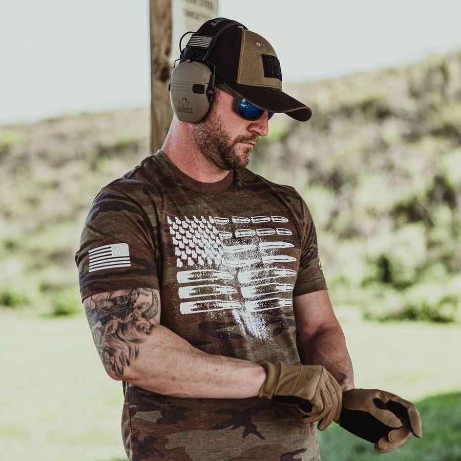 Men's Ammo Flag T-Shirt - Woodland Camo Military Style Tee for Outdoor, Hunting & Patriotic Events