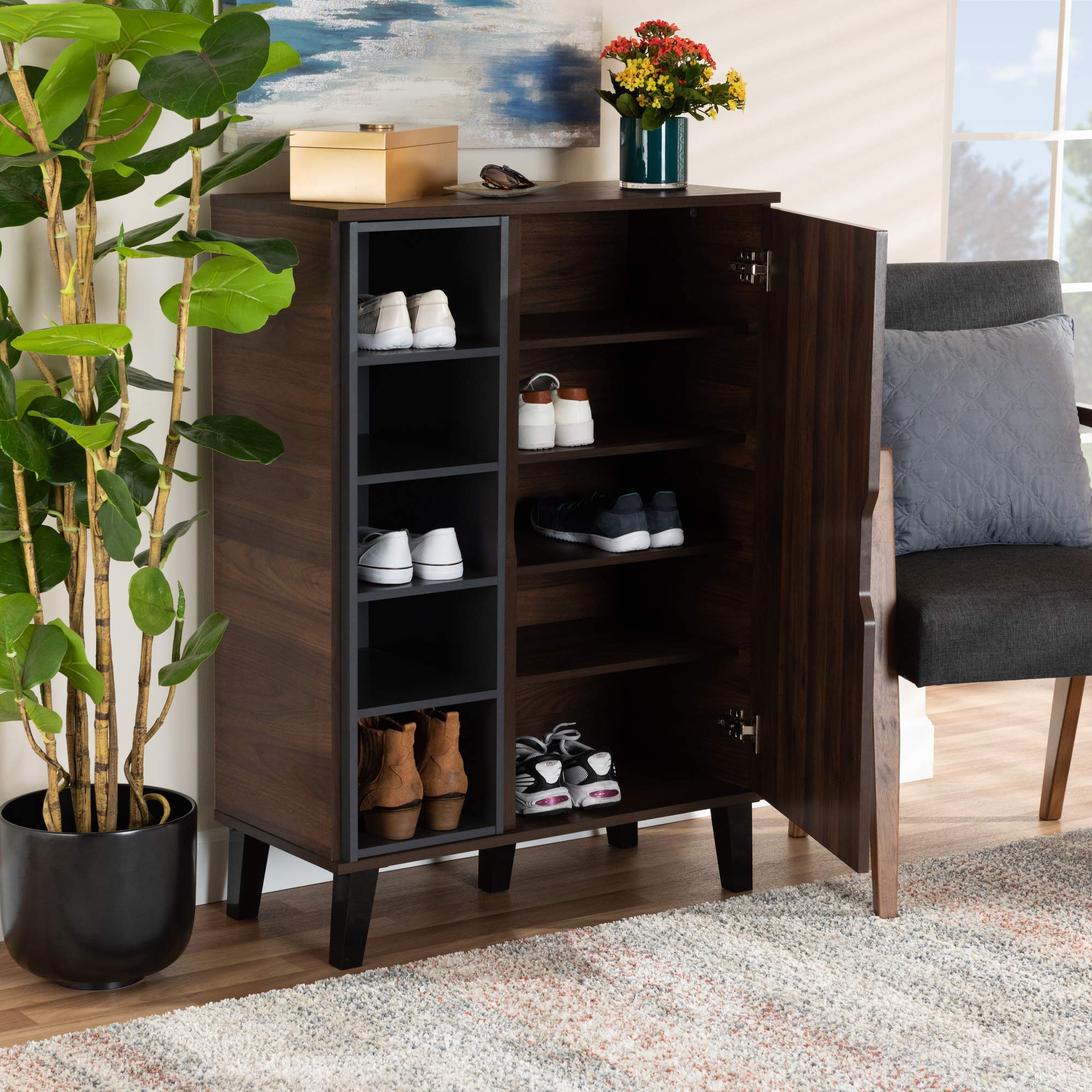 Baxton Studio Shoe Rack - 3-Tier Wooden Shoe Organizer with Sturdy Metal Frame in Walnut, Grey & Dark Brown | Space-Saving Entryway, Closet & Bedroom Storage Solution