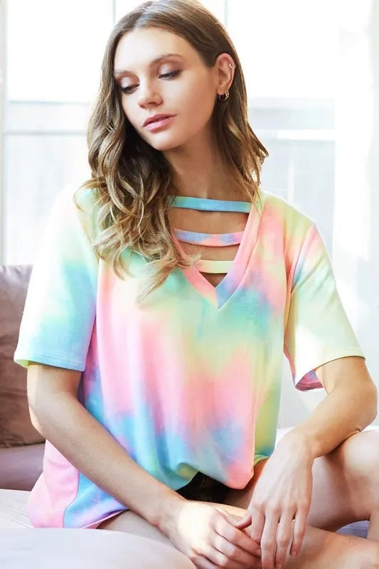 BiBi Tie Dye V-Neck Short Sleeve T-Shirt for Women | Soft Cotton Casual Tee | Summer Fashion & Beach Outfit