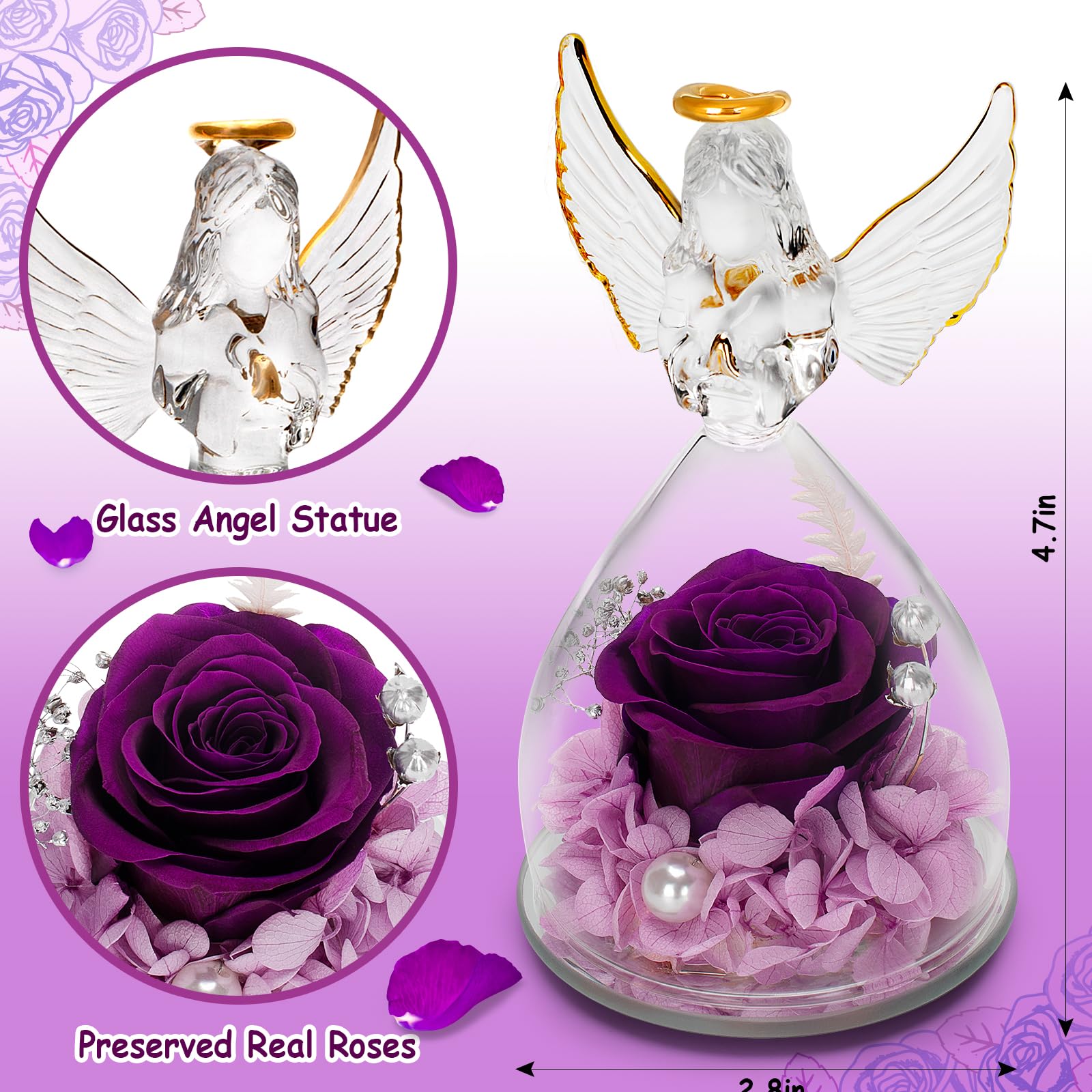 LURLIN Preserved Rose & LED Angel Figurine Gift Set - Birthday, Anniversary Present for Women, Mom, Grandma, Wife, Teacher, Nurse | Romantic Home Decor, Valentine's Day Gift, Wedding Table Centerpiece