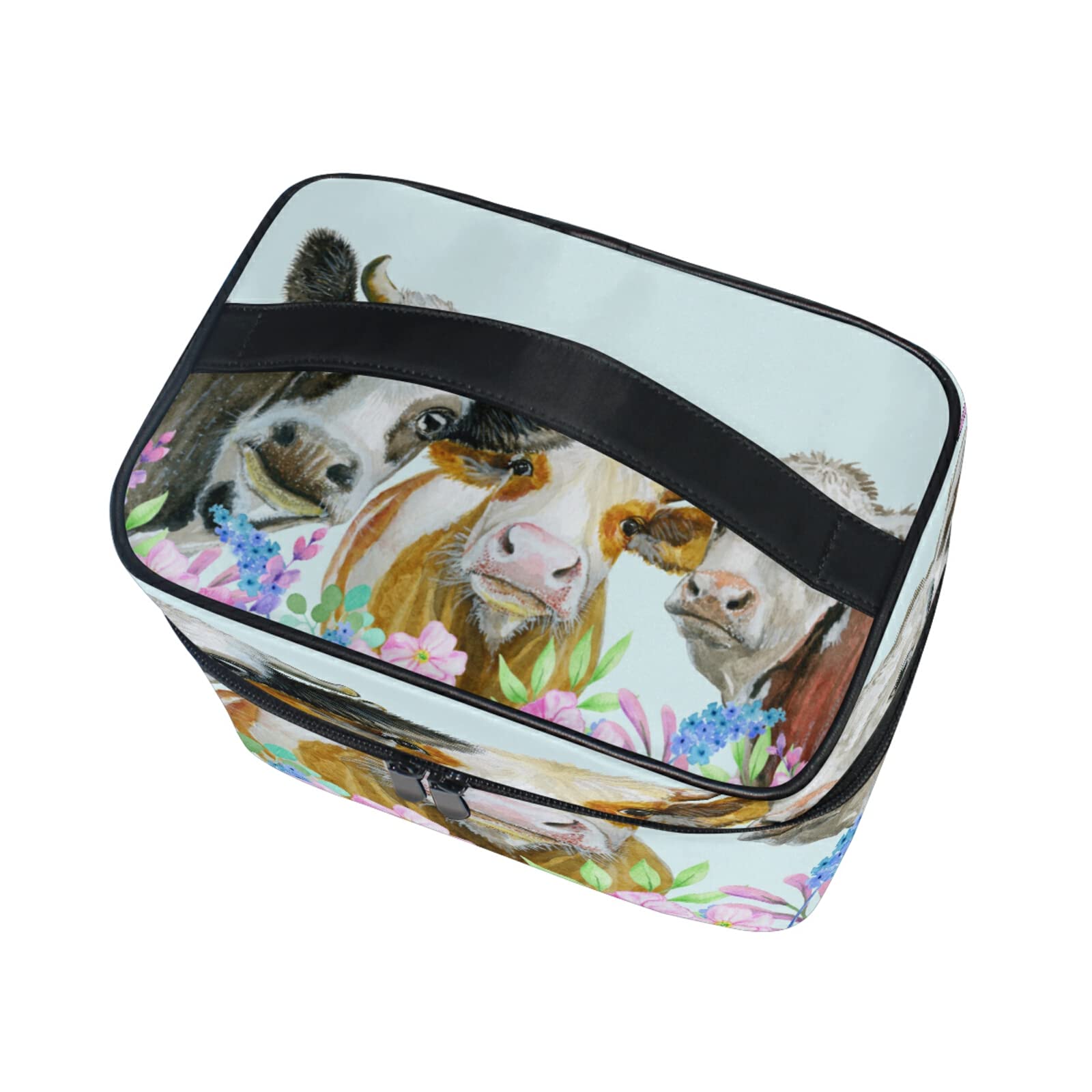 Waterproof Cosmetic Makeup Bag with Handle - Travel Organizer for Women & Girls, Cute Farm Cow Flower Design, Zippered Storage Pouch for Toiletries, Makeup Brushes, Jewelry | Perfect for Travel, Gym, Beach & Daily Use