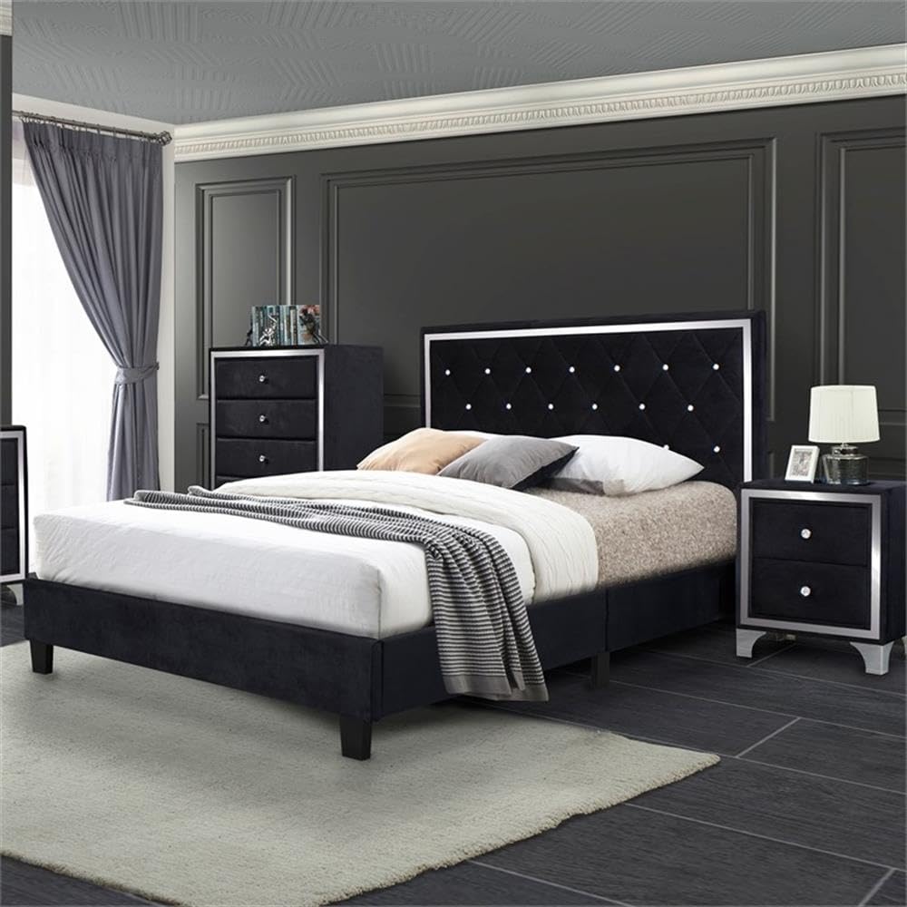 Pemberly Row Modern Velvet Upholstered Queen Size Platform Bed Frame - Black Luxury Bedroom Furniture for Master Bedroom & Guest Room