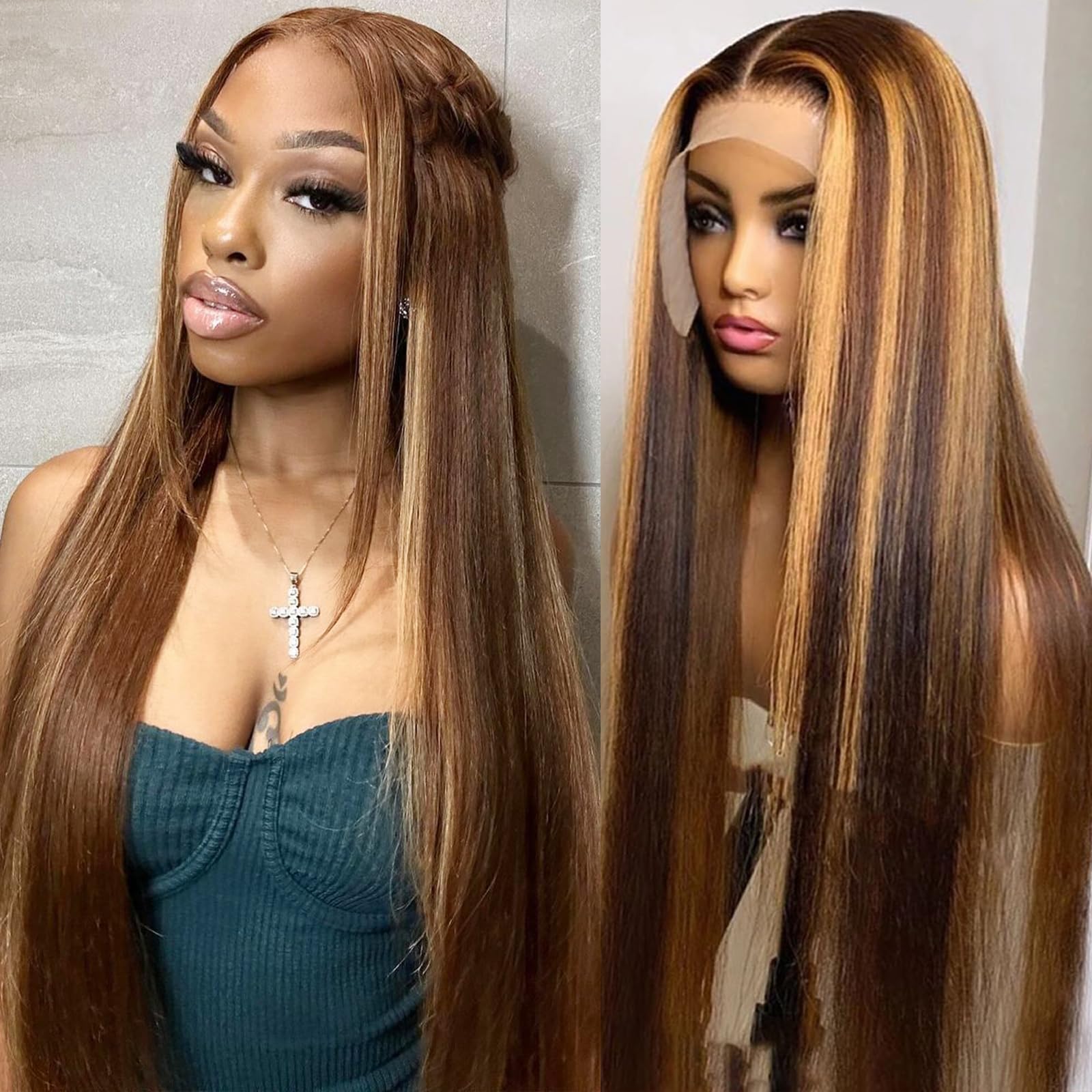 13x4 HD Transparent Lace Front Wig Human Hair - 4/27 Honey Blonde Ombre Pre Plucked with Baby Hair 180 Density Straight Colored Wigs (26 Inch) for Daily Wear, Cosplay & Special Occasions