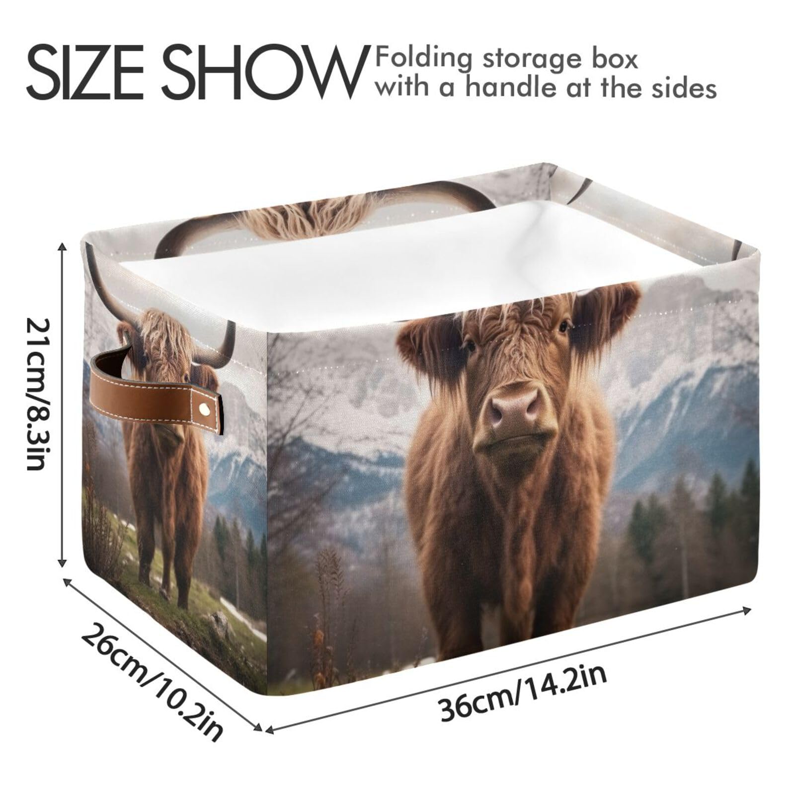 Highland Cows Foldable Storage Baskets - 2 Pack Rectangle Canvas Fabric Organizer Boxes with Handles for Clothes, Home & Office Organization | Perfect for Closet Shelves, Bedroom Decor and Laundry Storage