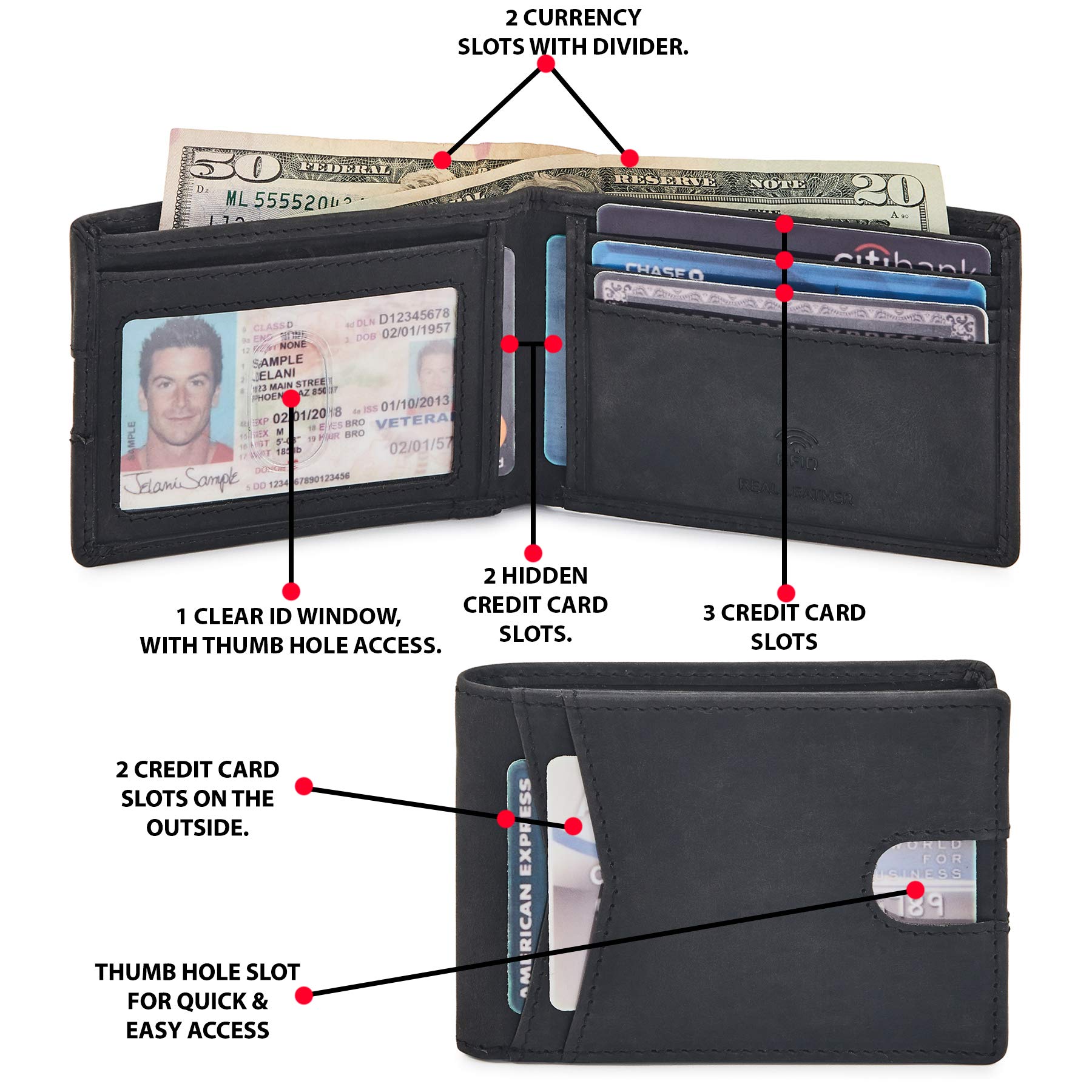 Premium Men's Bifold Leather Wallet - Slim RFID Blocking Front Pocket Wallet with ID Window | Genuine Crazy Horse Leather | Gift Box Included | Perfect for Everyday Carry, Business & Travel (Black)