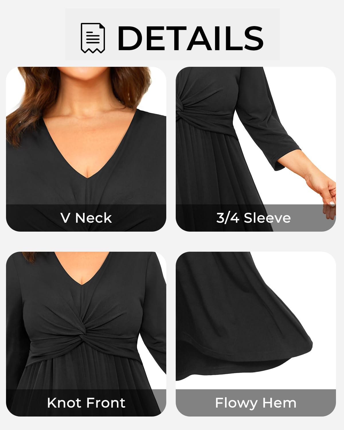 Plus Size Women's Twist Knot V-Neck 3/4 Sleeve A-Line Midi Dress for Wedding Guest, Party & Special Occasions - Flattering Formal Attire for Curvy Figures