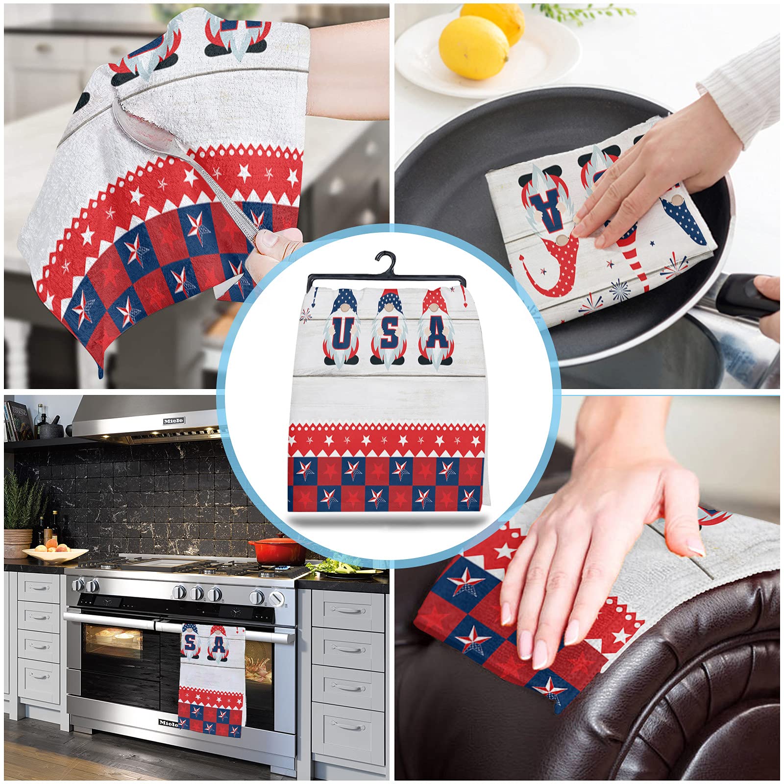 **3 Pack Super Absorbent Microfiber Dish Towels - American Flag & Gnome Design, Rustic Wood Grain Print - Soft Kitchen, Bathroom & Bar Cleaning Cloths for Dishes, Hand Drying & Tea Towels**    *(Use for drying dishes, wiping countertops, polishing glassware, or as decorative hand towels in kitchens, bathrooms, and bars.)*