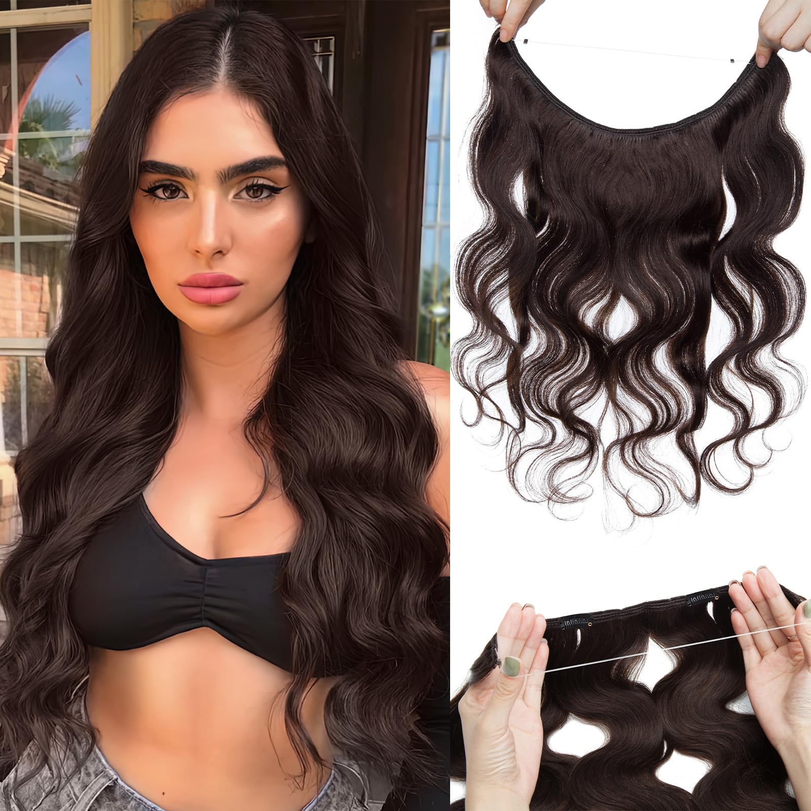 Benehair 100% Real Human Hair Halo Extensions - 18 Inch Dark Brown Wavy & Curly Wire Hair Extensions (65g) | Perfect for Weddings, Parties & Daily Styling