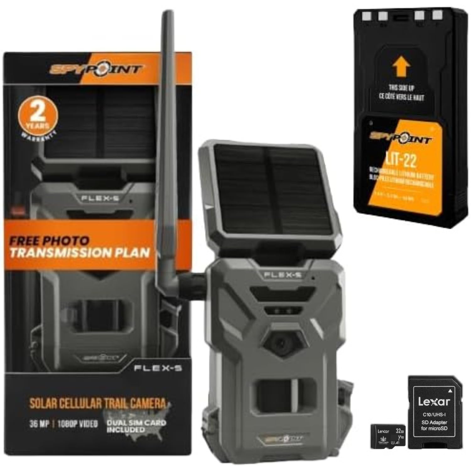 SPYPOINT Flex-S Solar Cellular Trail Camera with LTE Connectivity - 100ft Flash/Detection Range, Built-in Solar Panel & Internal Battery - Includes 32GB Micro SD Card & Lit-22 Battery - Perfect for Wildlife Monitoring, Hunting, and Outdoor Security Surveillance