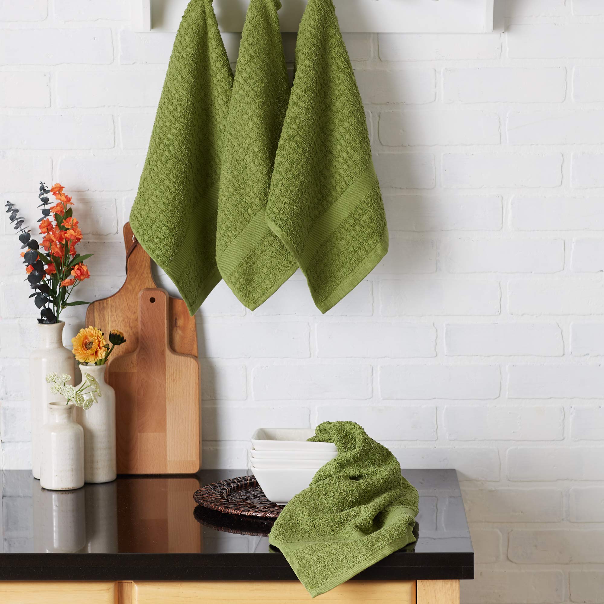 DII Basic Terry Collection Waffle Dishtowel Set - 15x26 Inches, 4-Piece Kitchen Towels in Solid Antique Green | Absorbent Dish Cloths for Drying, Cleaning & Decorating