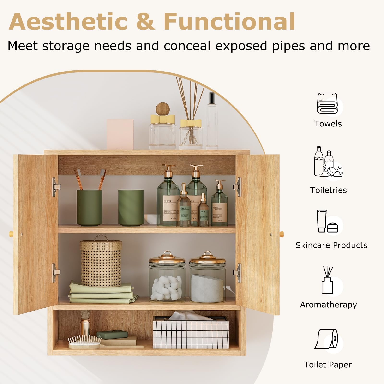 Tangkula Wall Mounted Medicine Cabinet with 2 Rattan Doors - Bathroom Storage Over Toilet, Hanging Cabinet for Laundry Room, Kitchen & Entryway (Natural Finish, Open Back) - Perfect for Small Spaces & Organizing Essentials