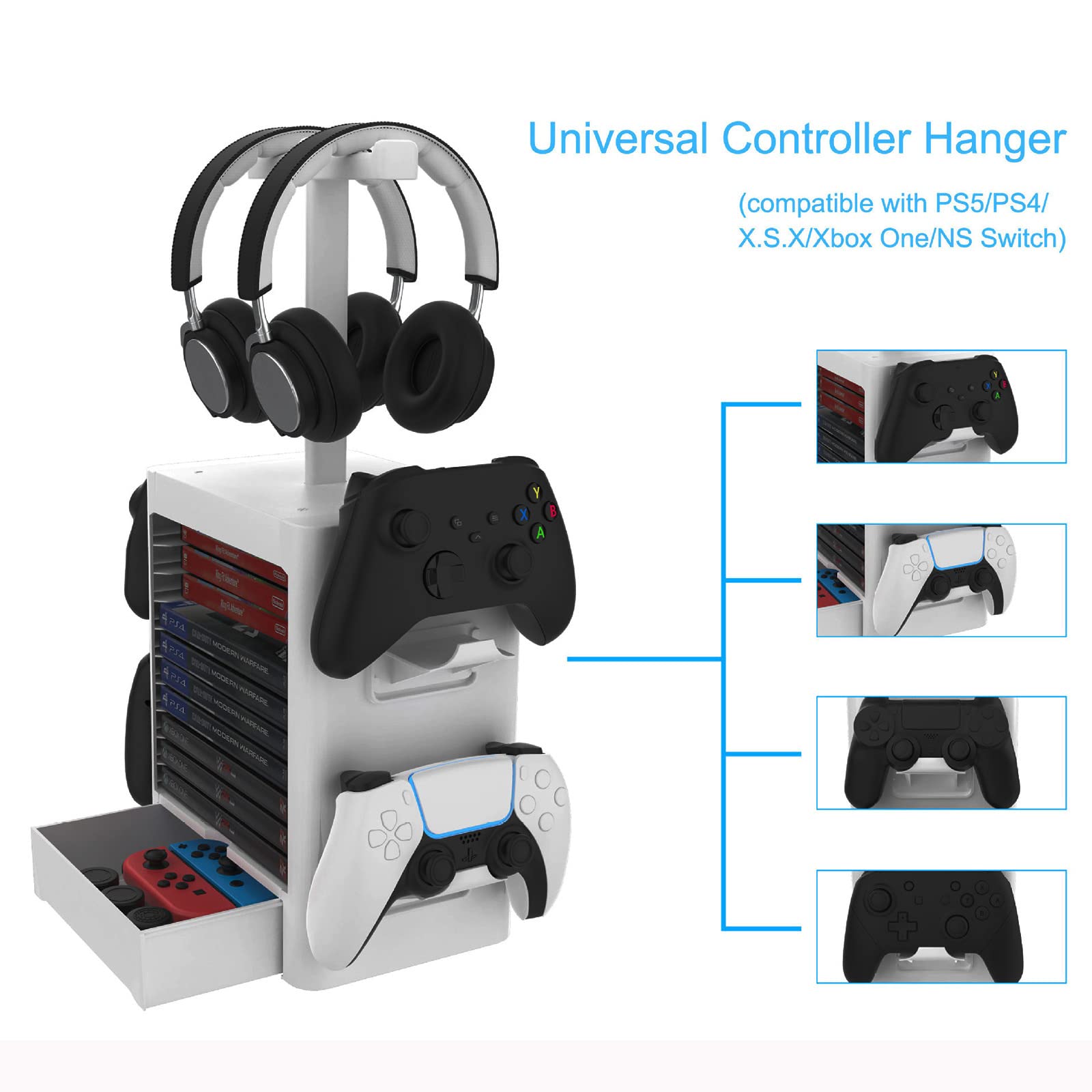 HUAYUWA Game Storage Tower (Gray) for Sony PlayStation 5, Multi-Functional Controller & Headset Holder - Compatible with PS5/PS4/Xbox One/Nintendo Switch - Perfect for Gaming Setup & Accessory Organization