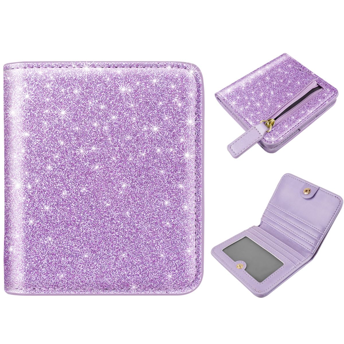 Women's Small RFID Blocking Leather Wallet - Compact Bifold Credit Card Holder with ID Window & Coin Slot - Cute Mini Purse for Everyday Use (Glitter Purple)