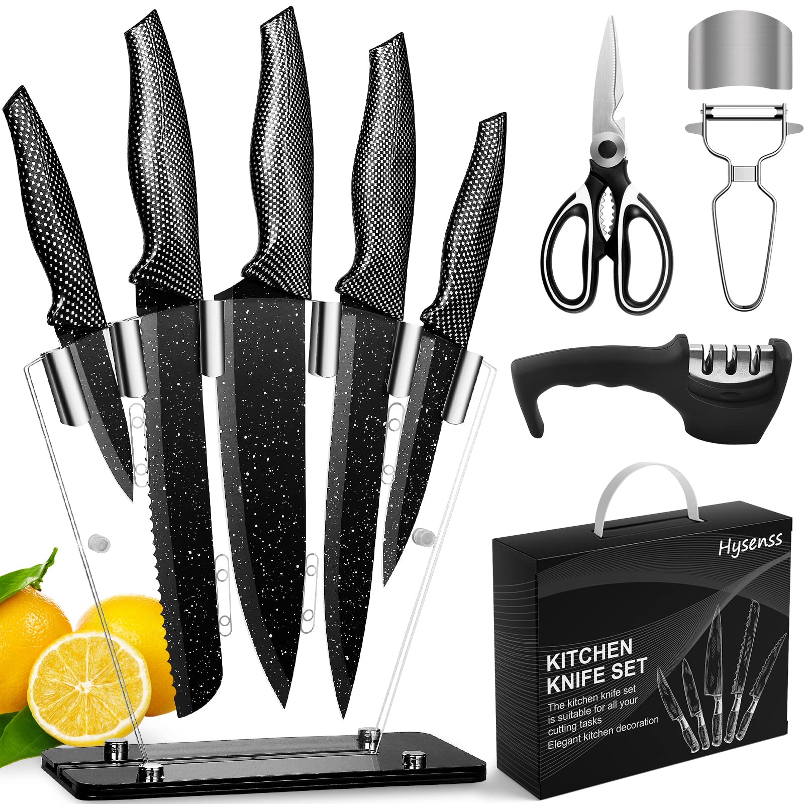 10-Piece Premium Kitchen Knife Set with Wooden Block - High Carbon Stainless Steel Knives, Non-Stick Coated Blades, Scissors, Peeler & Sharpener - Perfect for Home Chefs, Cooking Enthusiasts & Professional Kitchens