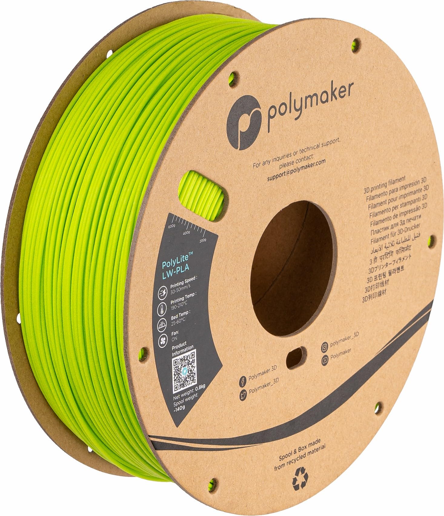 Polymaker LW Lightweight 3D Printer PLA Filament 1.75mm - Bright Green 800g Spool | PolyLite Pre-Foamed LW-PLA for RC Airplane Models | High Rigidity & Easy to Paint | Perfect for Hobbyists, DIY Projects & Lightweight Prototyping