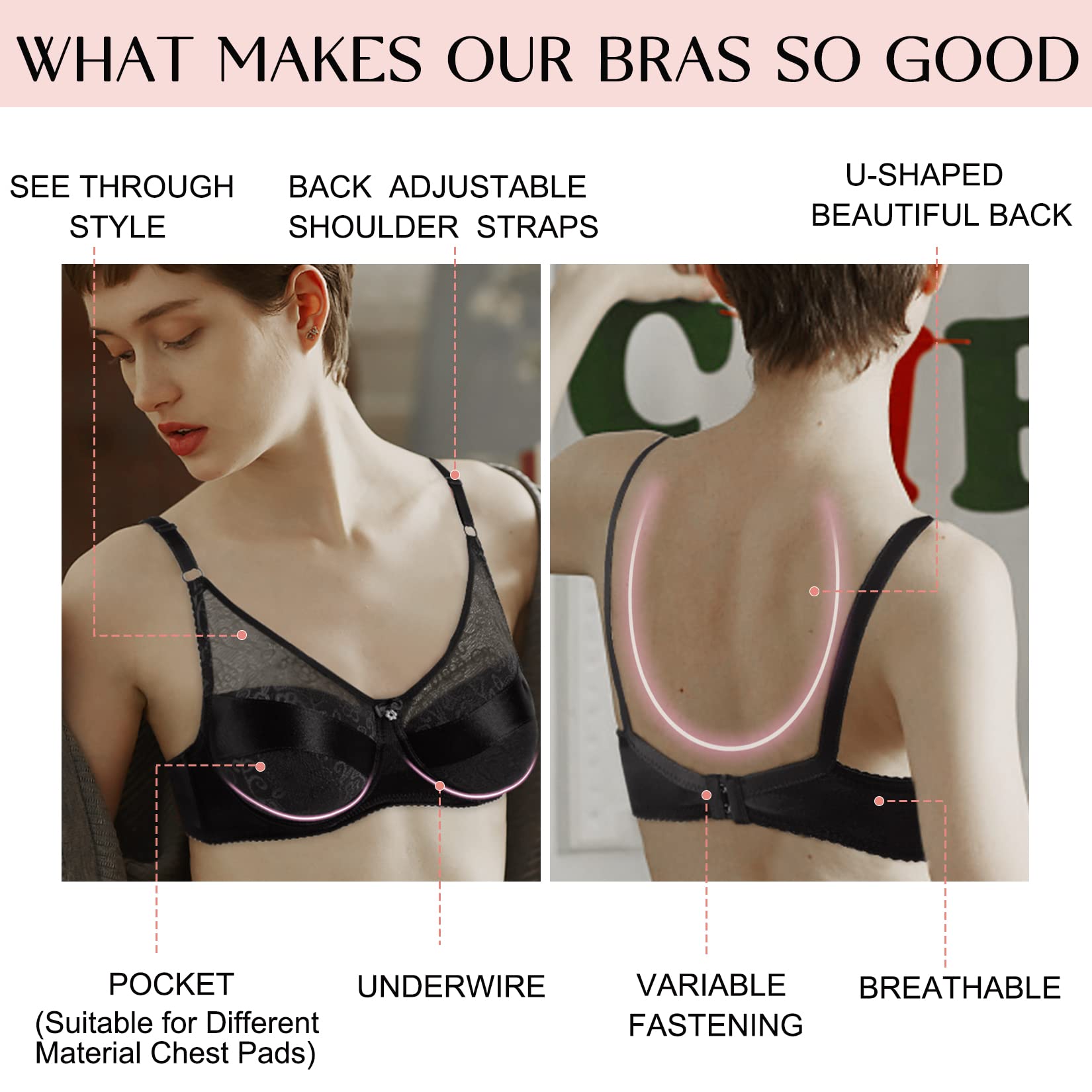 Vollence 38/85 Pocket Bra for Silicone Breast Forms & Mastectomy - Black, 38/85 (Fits Cup C/D) - Comfortable Post-Surgery & Crossdressing Support Bra for Daily Wear