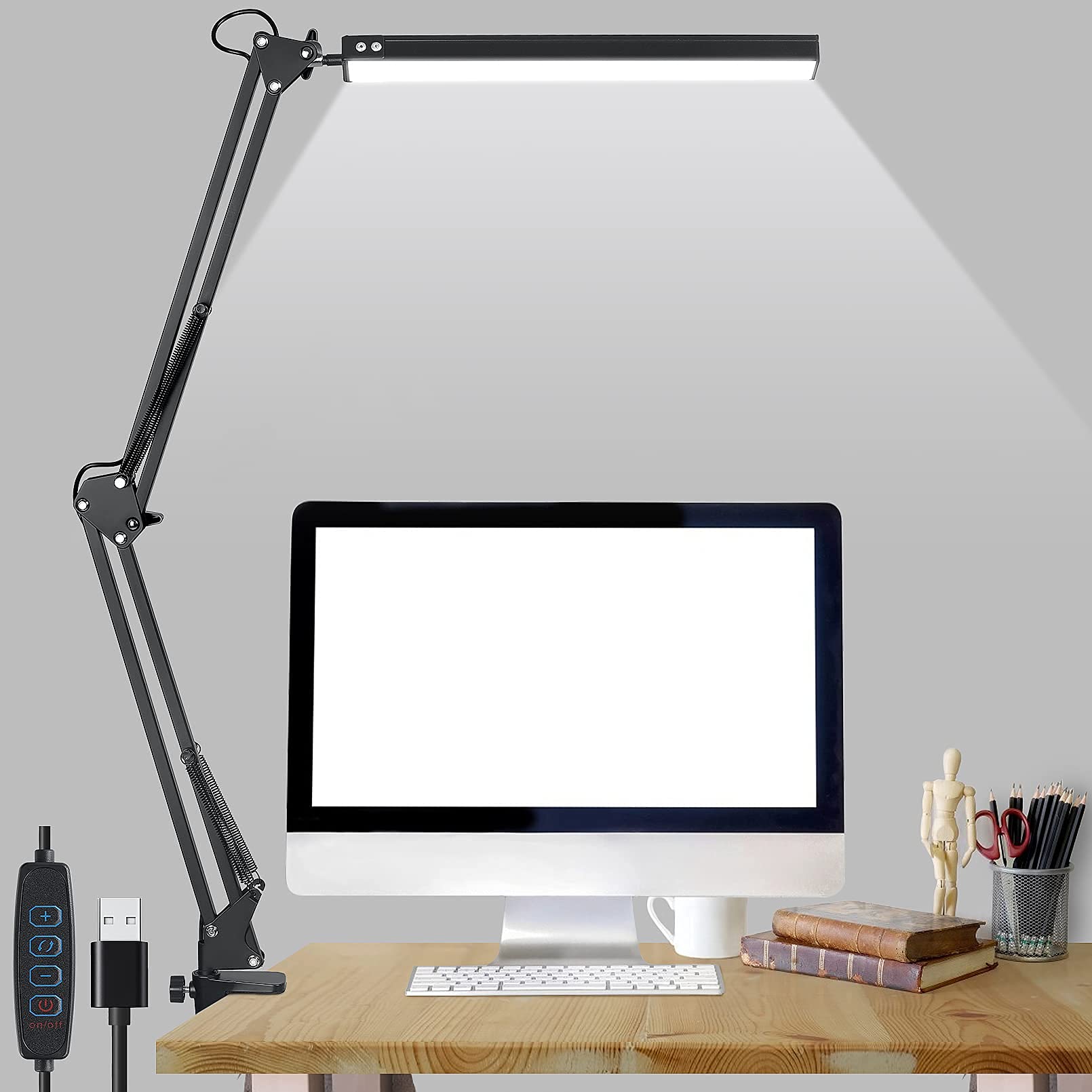 BZBRLZ 14W LED Desk Lamp with Clamp - Eye-Caring Metal Swing Arm Architect Light, 3 Modes & 30 Brightness Levels, Dimmable Memory Function & USB Adapter - Perfect for Home Office, Study, and Workspace Lighting