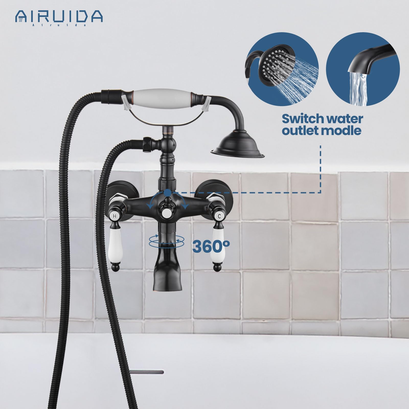 Oil Rubbed Bronze Wall Mount Tub Faucet with Telephone Shaped Handheld Shower Sprayer - Double Ceramic Lever Handles, Hot & Cold Water Mixer Tap - Perfect for Vintage & Industrial Style Bathrooms