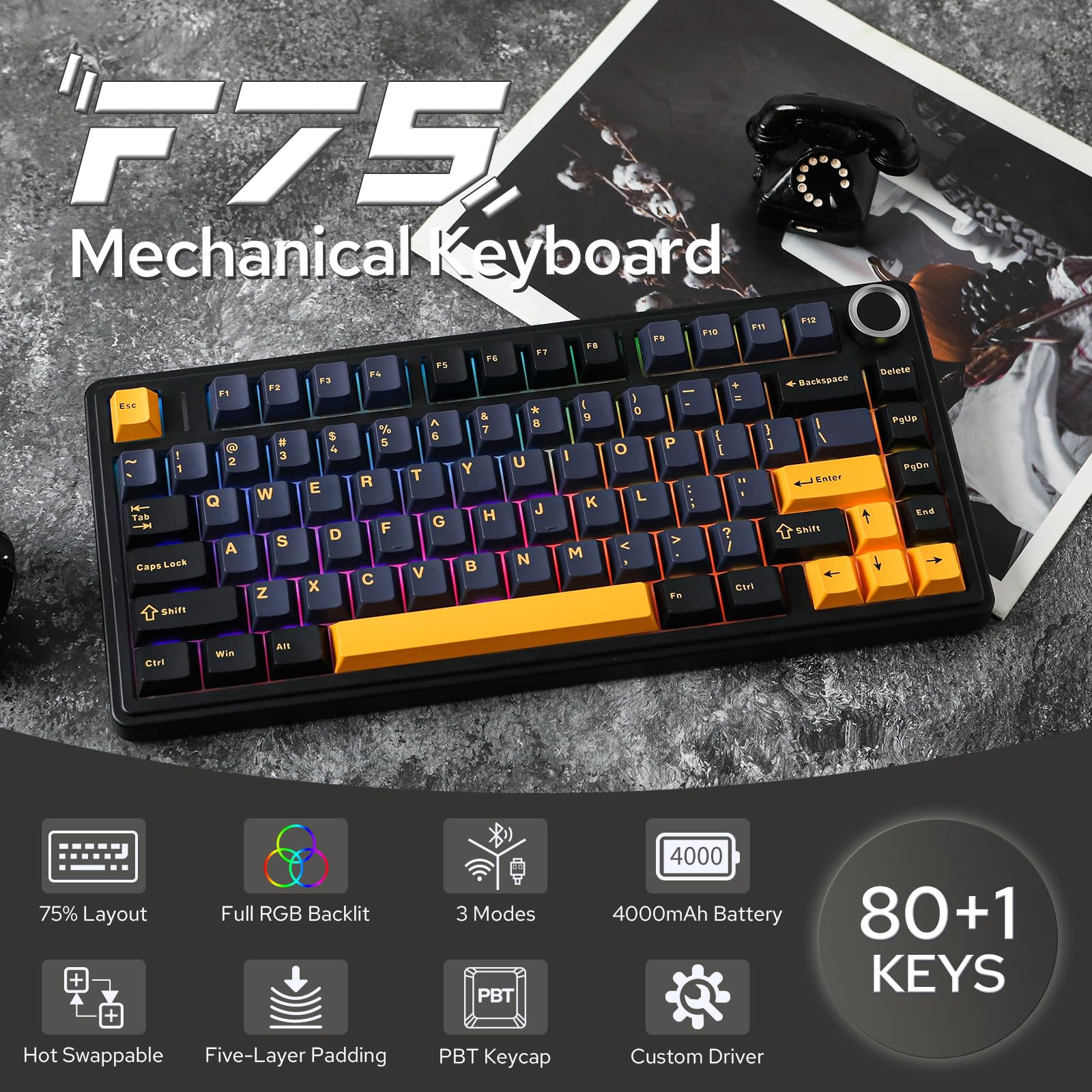 EPOMAKER F75 Wireless Mechanical Keyboard - Hot Swappable, RGB, Bluetooth/2.4GHz/USB-C for Gaming & Office