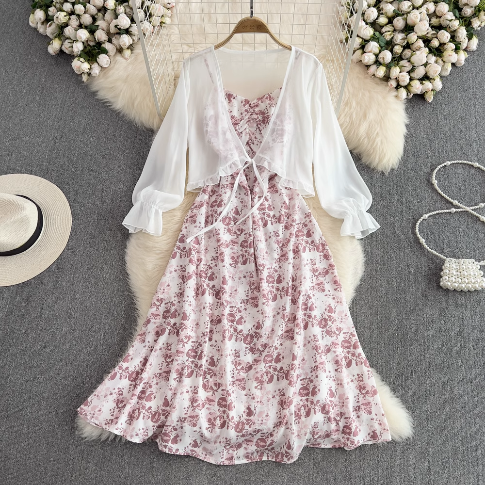 Fairy Chiffon Cardigan & Sleeveless A-Line Floral Dress 2-Piece Set for Women - Summer Beach Cover Up, Boho Wedding Guest Outfit, Casual Date Night Dress