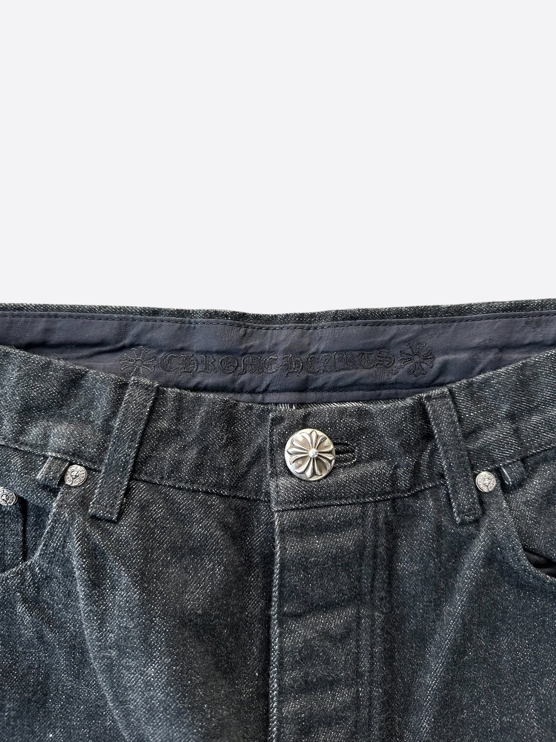 Chrome Hearts Grey & Black Star Patch Fleur Knee Jeans - Vintage Distressed Denim for Men & Women | Perfect for Streetwear & Casual Outfits