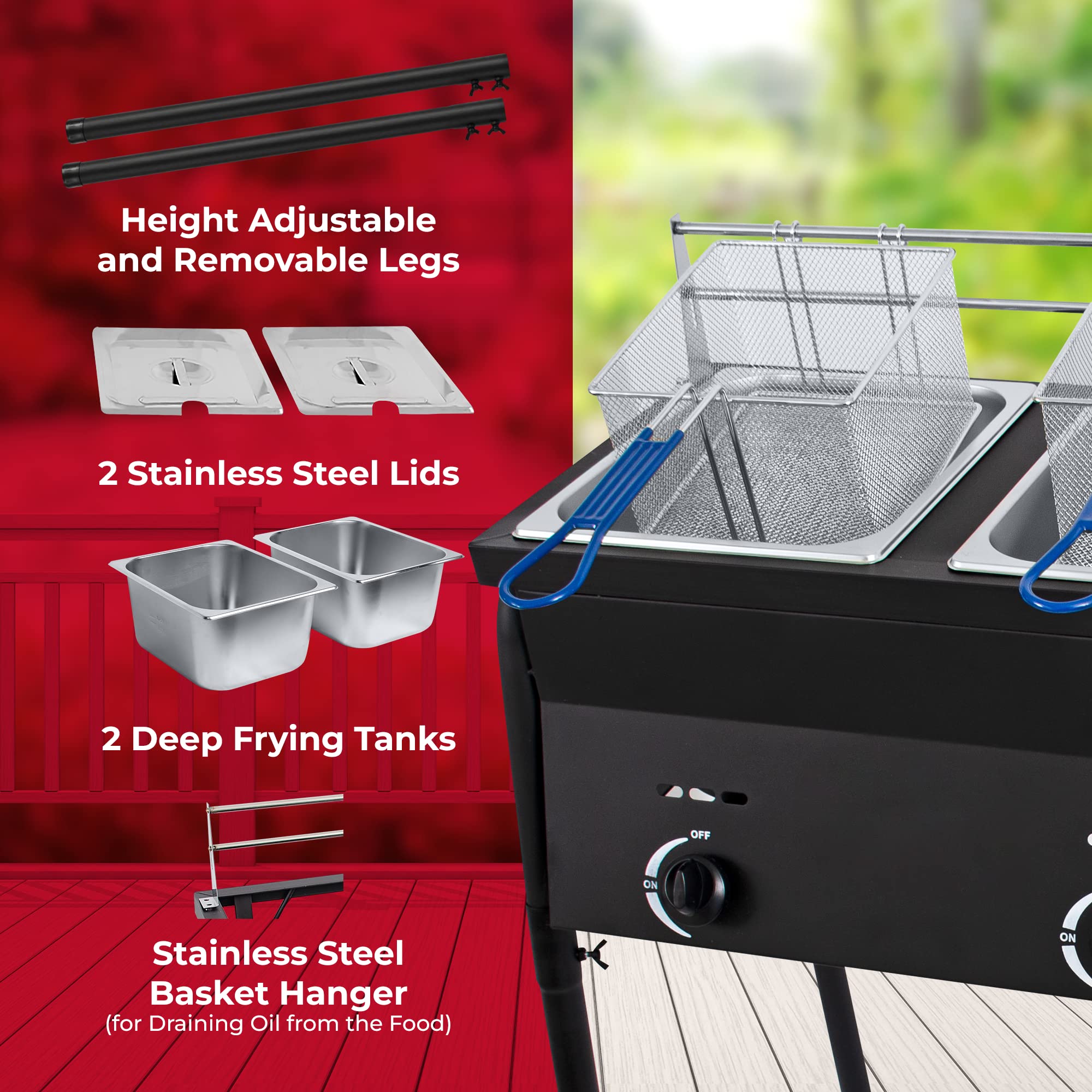 Cast Iron Black Deep Fryer - Dual Tank Outdoor Propane Deep Fryer with 2 Stainless Steel Baskets & Lids - Adjustable Temperature Gas Fryer with Regulating Knobs - Large Oil Capacity for Backyard BBQ, Tailgating & Outdoor Cooking