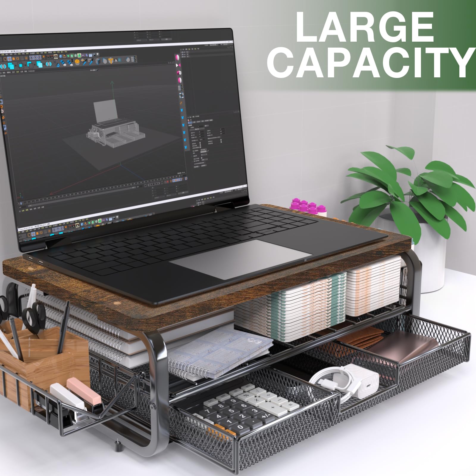 Premium Wooden Monitor Stand Riser with Storage Drawer - Large Desktop Organizer with Cable Management, Pen Holder & Phone Slot - Ergonomic Desk Accessory for Laptop, iMac, PC (Carbon Smoked) - Perfect for Home Office, Gaming Setup & Workspace Organization