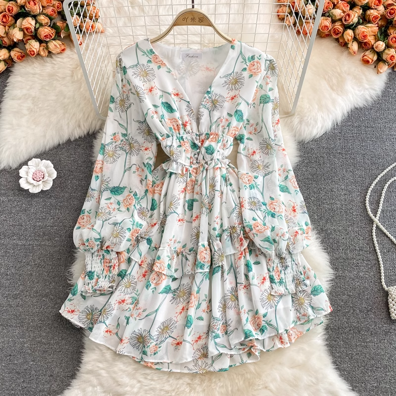 Fairy French V-Neck Ruffle Skirt Floral Chiffon Dress - Elegant Summer Party Dress for Women, Perfect for Weddings, Garden Parties & Date Nights
