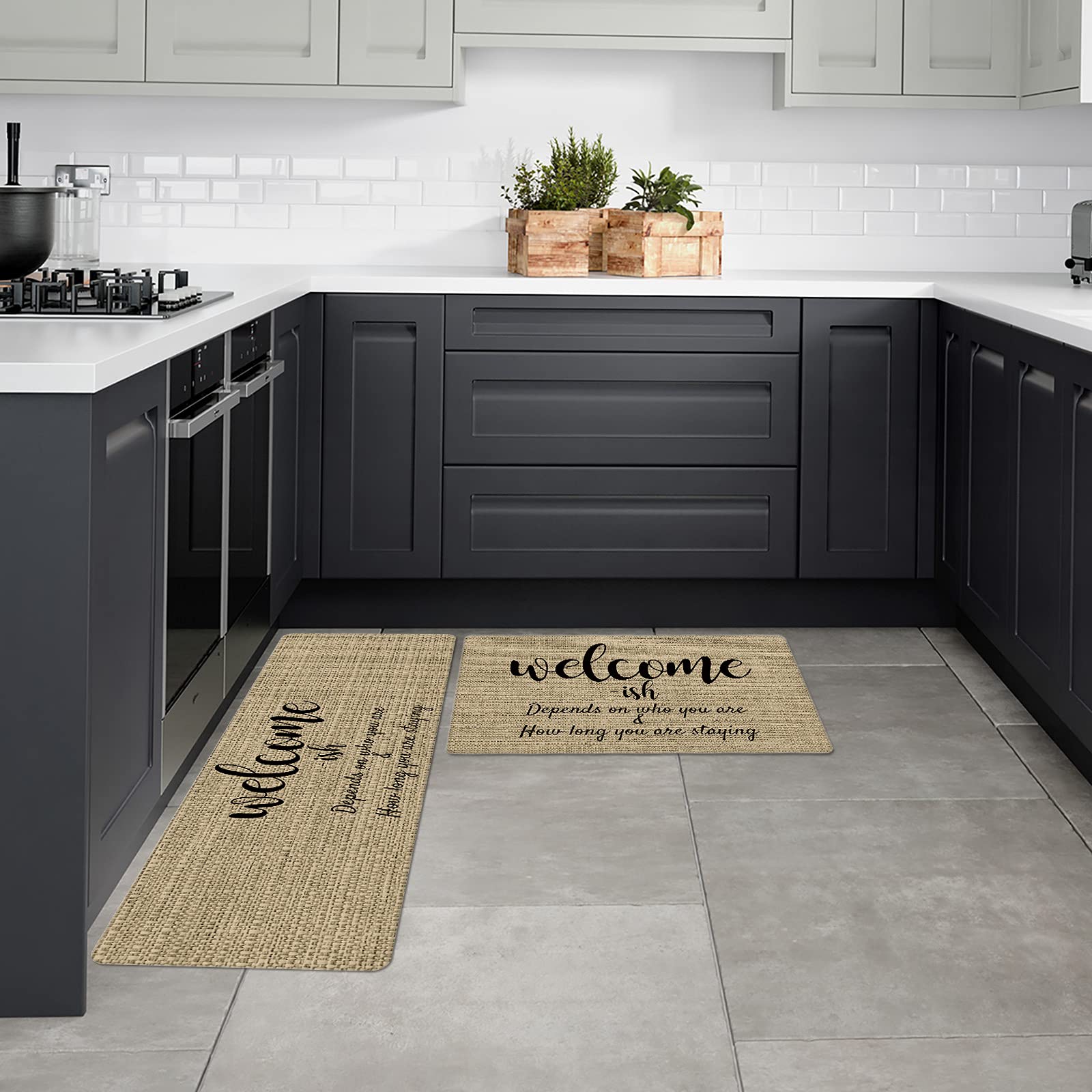 Non-Slip Retro Brown Burlap Kitchen Rugs & Mats - Absorbent Doormat for Entryway, Laundry Room & Hallway Runner with Welcome Design - Perfect for Home, Bathroom & High-Traffic Areas