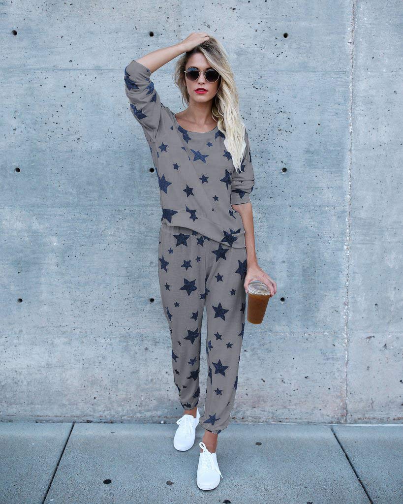 2-Piece Women's Casual Tracksuit Set - Long Sleeve Star Print Sweatshirt & Jogger Pants Outfit | Comfortable Lounge Wear for Home, Gym & Street Fashion