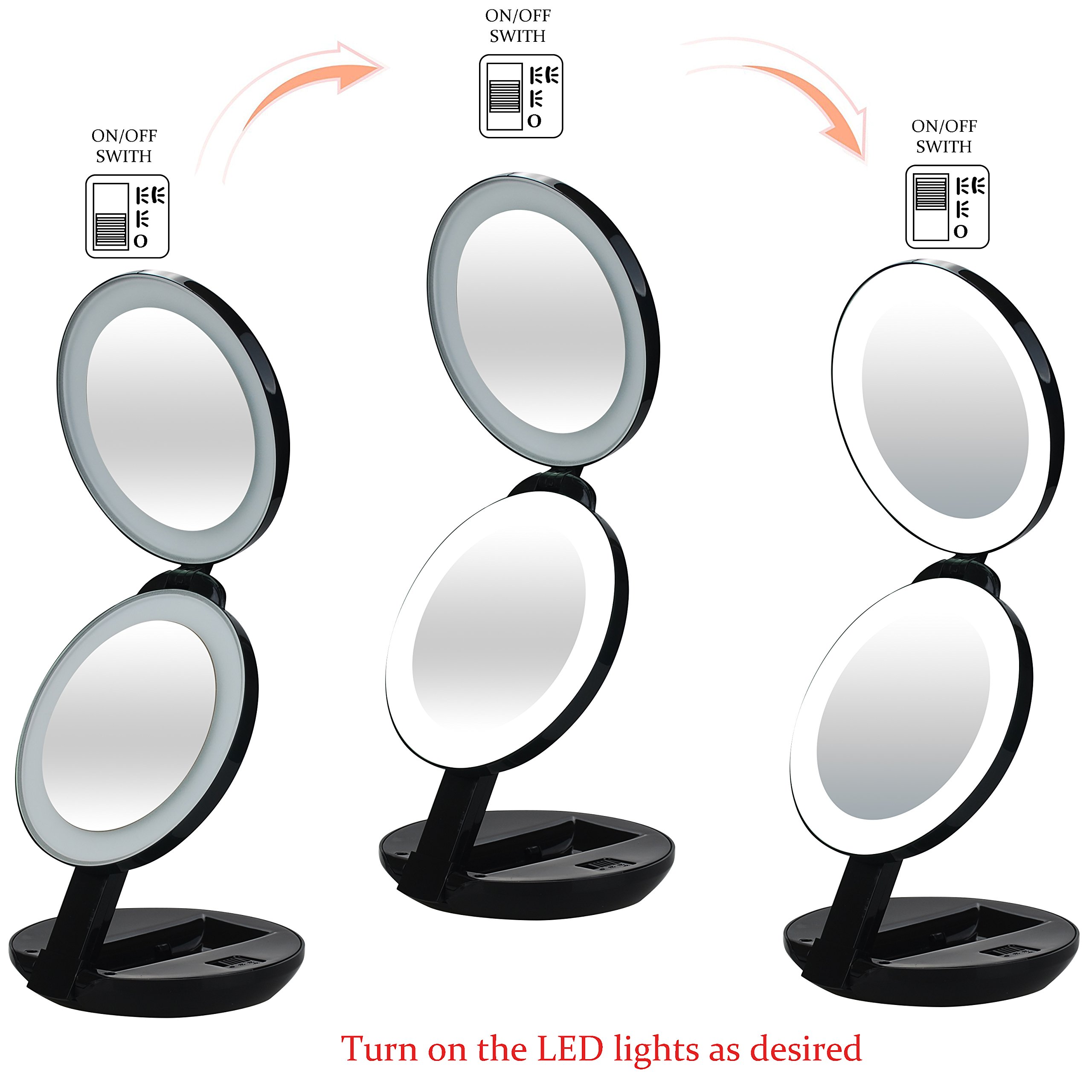 LED Travel Makeup Mirror 10x Magnification - Folding Vanity Mirror for Home & Travel (Black)
