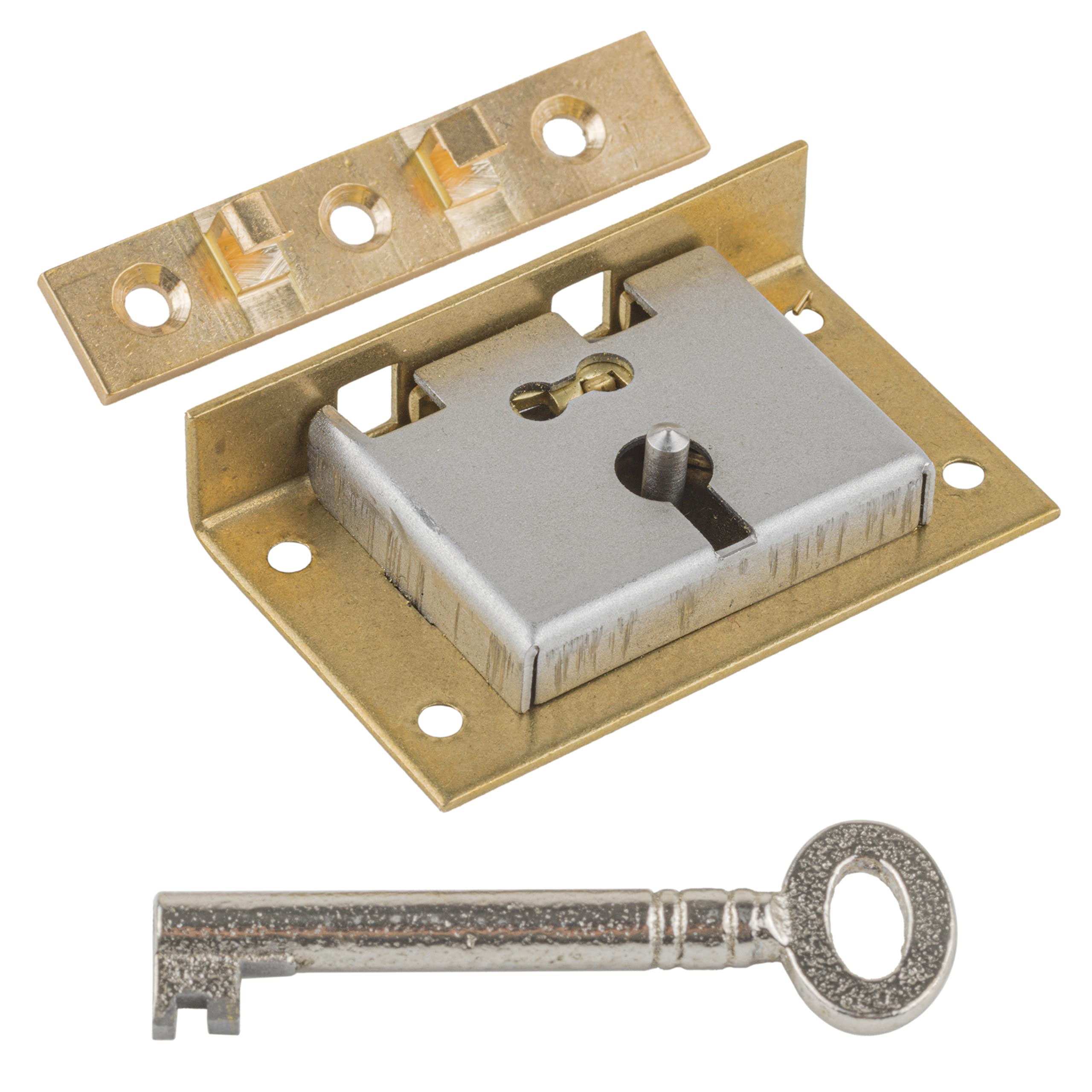 Vintage Medium Brass Half Mortise Chest Lock with Skeleton Key | HL2-SB-1K | Antique Style Security for Jewelry Boxes, Treasure Chests & Cabinets