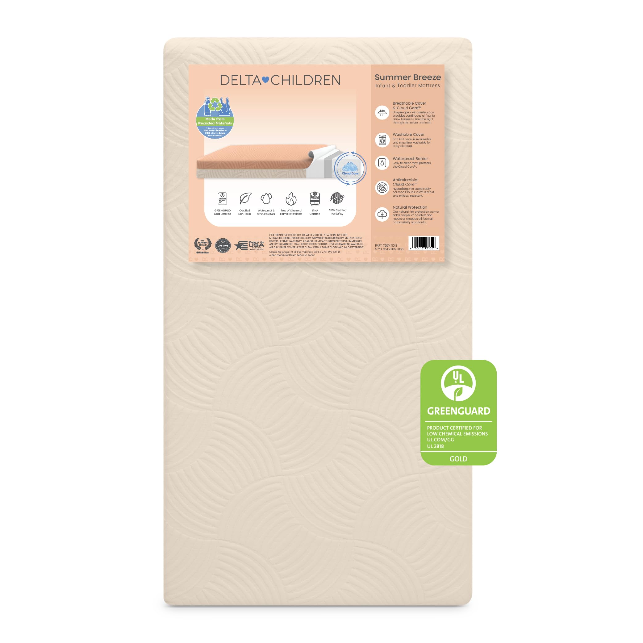**Delta Children Summer Breeze Breathable Baby Crib & Toddler Mattress - Cloud Core, Waterproof & Machine Washable Cover - GREENGUARD Gold Certified, Sustainably Sourced (Apricot/White) - Perfect for Nursery, Daycare & Travel**