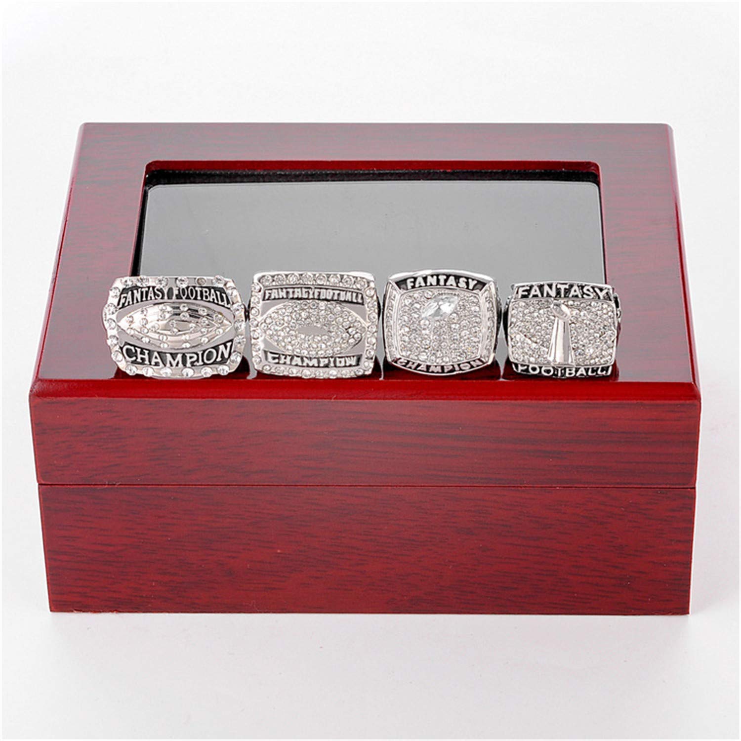 Jiustars Fantasy Football League Championship Rings Set - 2014-2017 Commemorative Rings for Men with Wooden Display Box - Perfect Gift for NFL Fans & Fantasy Football Trophy Awards