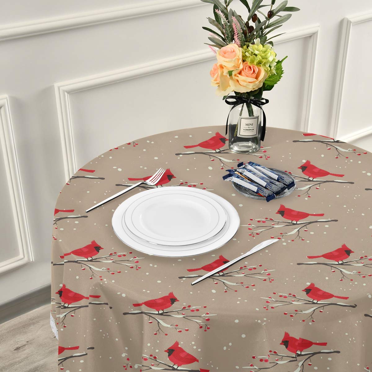 Winter Cardinals Snowflakes Holly Berries White Lace Round Tablecloth - 60 Inch Polyester Table Decoration for Christmas Party, Dinner Table Decor - Perfect for Holiday Gatherings & Festive Dining