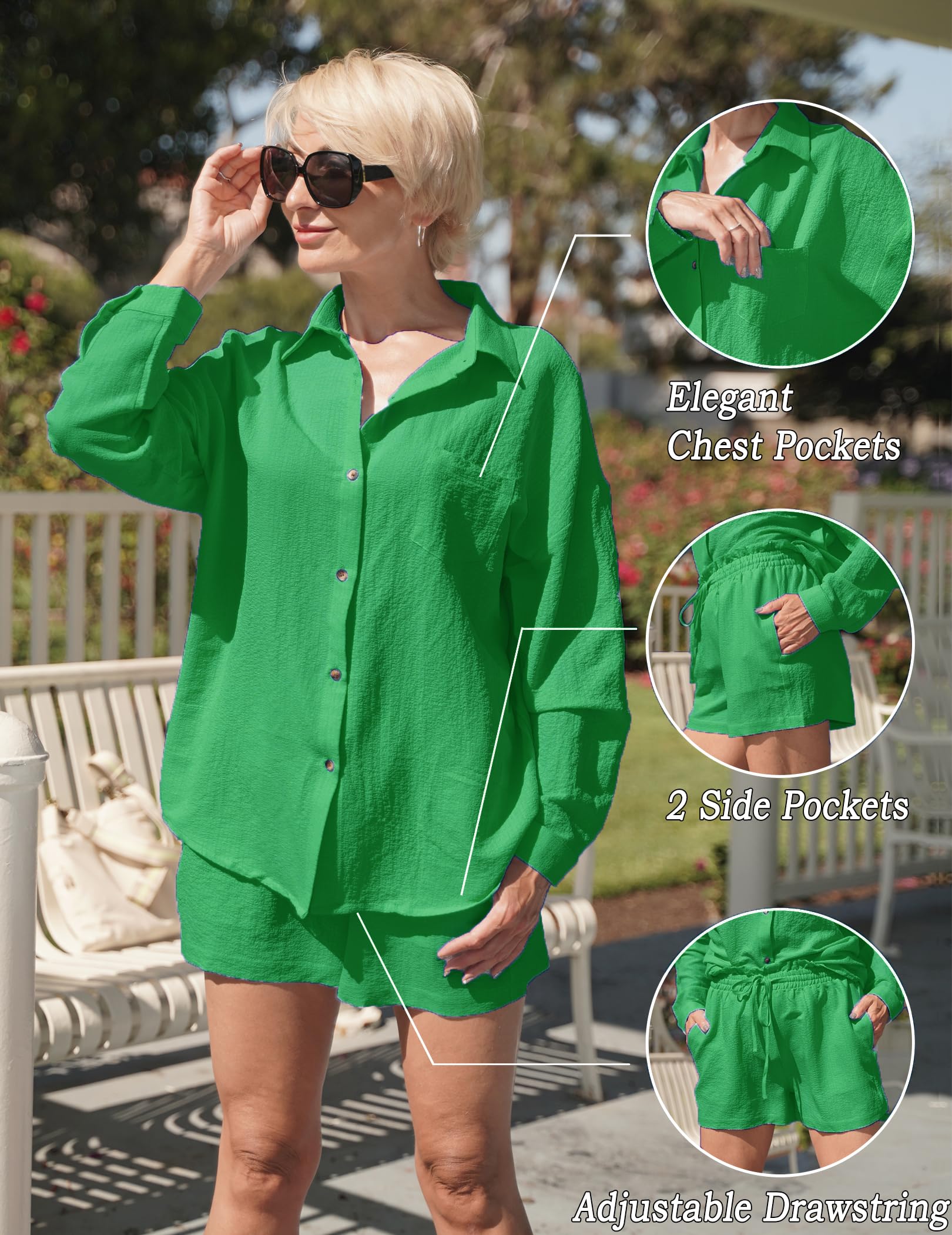 Ekouaer Women's 2-Piece Lounge Set - Summer Button Down Shirt & Casual Shorts with Pockets | Comfortable Outfit for Home, Travel & Casual Wear