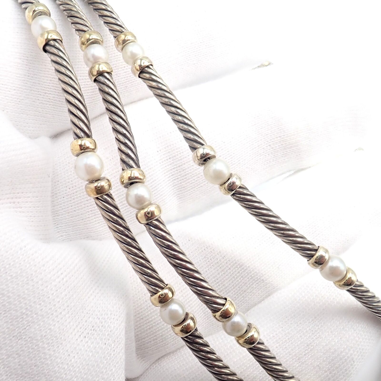 David Yurman DY Sterling Silver & 14k Yellow Gold 3 Cable 3mm Pearl Necklace - 15