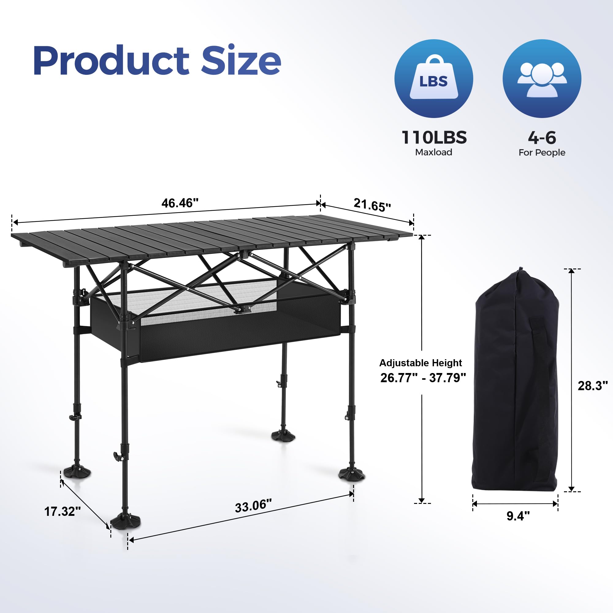 ALPHA CAMP Portable Camping Table with Storage - Adjustable Height Aluminum Outdoor Table for Grill, Picnic, Beach, BBQ & Backyard - Perfect for Travel, Hiking, Tailgating & Outdoor Adventures