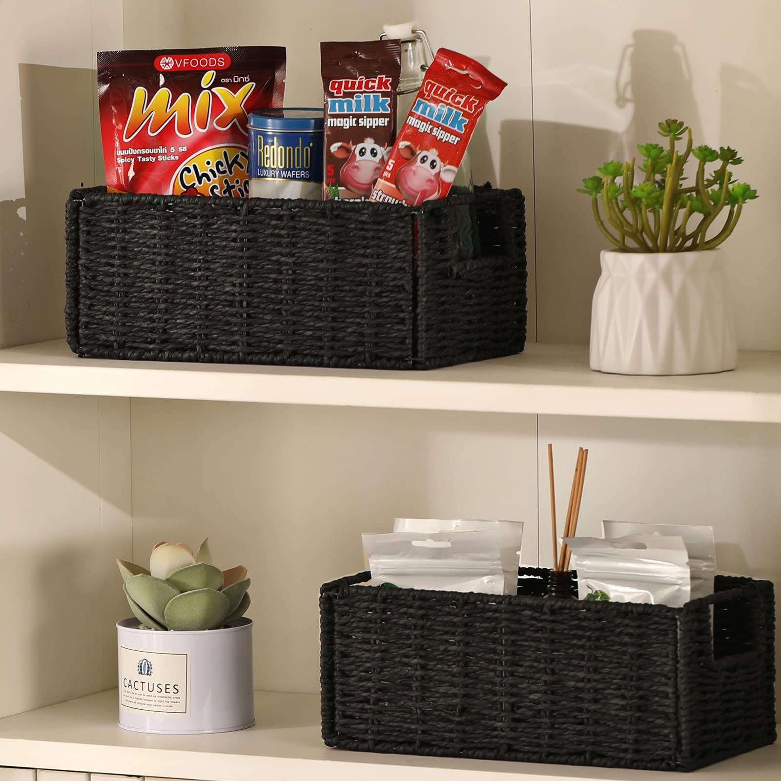 Vagusicc 2-Pack Woven Paper Rope Storage Baskets - Foldable Cube Organizer Bins for Shelves, Bathroom, Bedroom & Living Room - Perfect for Toilet Paper, Towels, Toys & Home Decor (Black)
