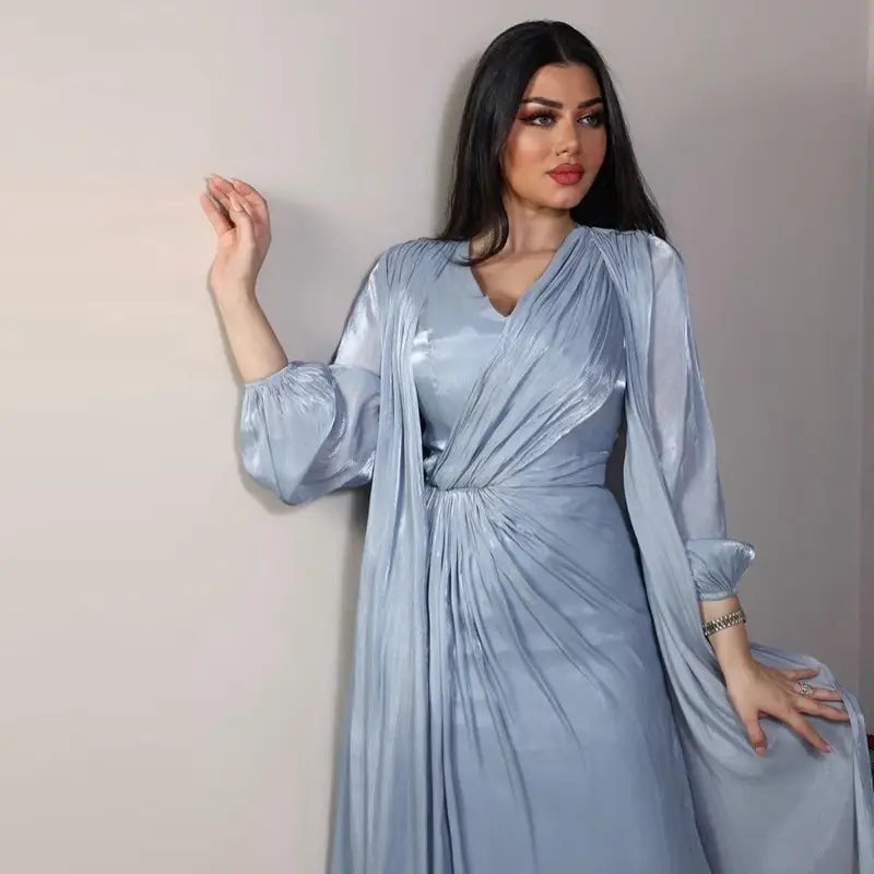 2 Piece Set Bright Satin Open Abaya Dress with Inner Sleeveless Dress - Muslim Prayer Dress, Eid Outfit, Ramadan Fashion, Modest Evening Wear for Women